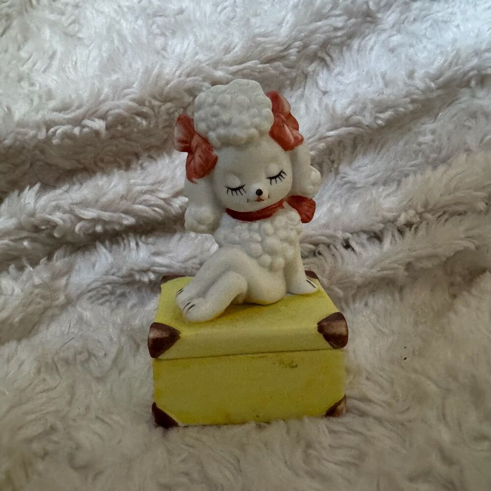 Lefton White Ceramic Poodle on Yellow Trinket Box with Coral Accents